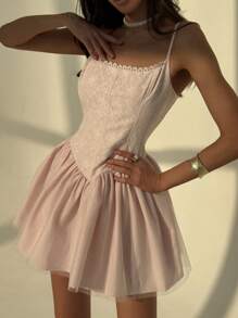 Aloruh Romantic Date Sexy Spaghetti Strap Lace Trim Open Back Bowknot Extremely Short Pink Women Dress - Pink - View 4