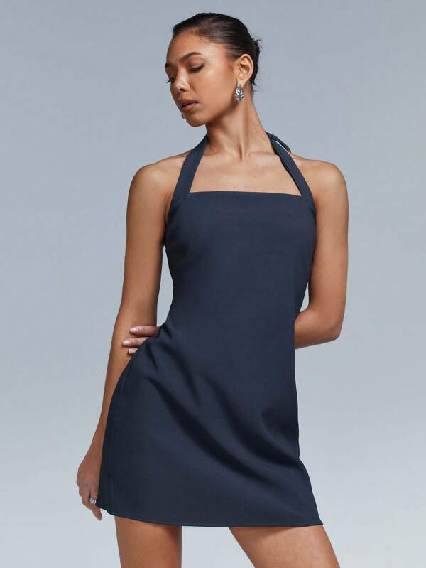 Athîral Women's Elegant Solid Color Backless Halter Mini Dress