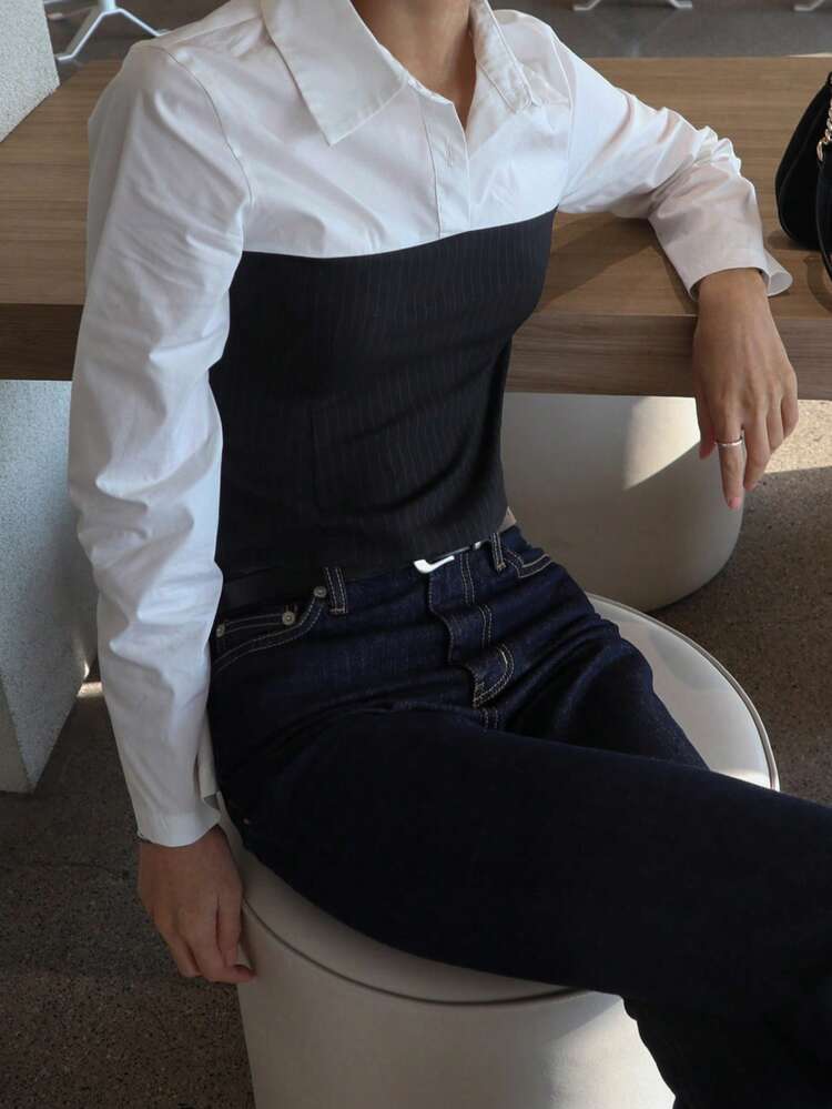 Women's Business Casual Slim Fit 2 In 1 Color Block Shirt,Fall Women Clothes Long Sleeve Top