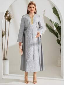 SHEIN Maternity Casual Long Sleeve Patchwork Ribbon Trim Notched Neck Dress