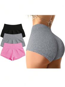 Seamluxe SHEIN Sport 3 件套女士无缝运动短裤套装，性感超短，舒适有弹性的骑行短裤 - 彩色 - 查看 1