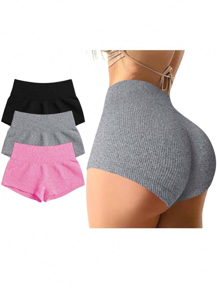 Seamluxe SHEIN Sport 3 件套女士无缝运动短裤套装，性感超短，舒适有弹性的骑行短裤 - 彩色 - 查看 1