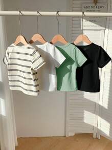 SHEIN Bộ 4 áo thun dài tay kẻ sọc dệt kim co giãn đa năng cho bé trai, thích hợp cho mùa xuân/hè, trong nhà và ngoài trời - Đen và trắng - Xem 2