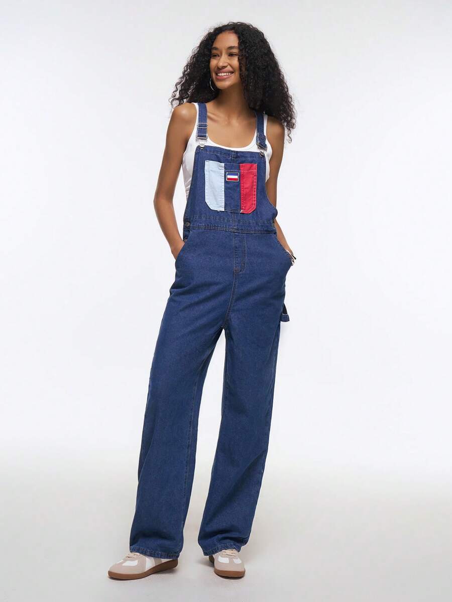 Easelle Women's Casual Contrast Color Pocket Overall Jumpsuits - Blue - View 1