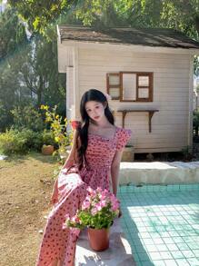 DAZY Robe mi-longue à manches courtes avec imprimé floral, style coréen pour femmes. Robe de vacances style "milkmaid" pour femmes, tenue de Pâques - Rose bonbon - Voir 4