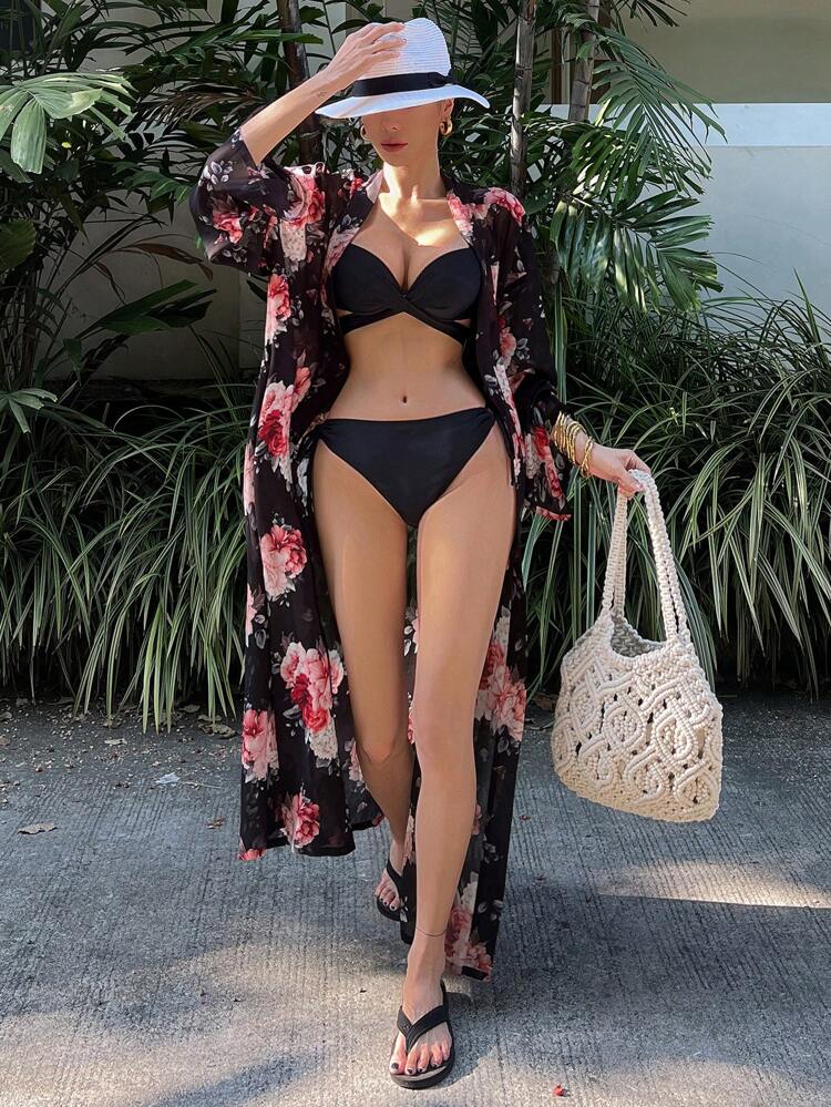 Women Floral Print Side Slit Sheer Kimono Cover Up, For Summer Beach Vacation Boho