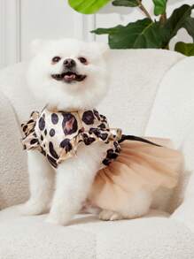 PETSIN 1 件天鹅绒豹纹和网眼薄纱宠物狗/猫连衣裙，通用款宠物服装