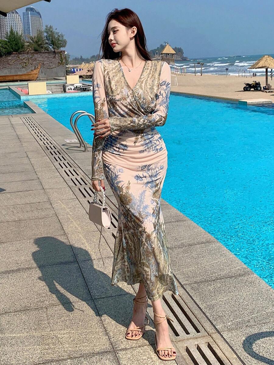 DAZY 女士印花V领长袖及膝度假连衣裙,秋季波西米亚风连衣裙 - 黃色 - 查看 1