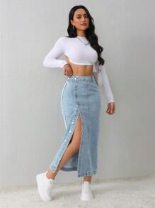 SHEIN Tall 女士牛仔半身裙休闲宽松侧开叉蓝色中裙高腰女裙浅蓝色短裙蓝色裙子冬季女装 - 淺色水洗藍 - 查看 3