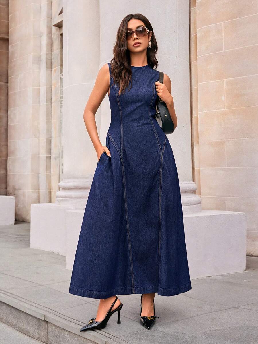 Forever 21 春季简约复古高端街头女式无袖 A 字裙 - 深色水洗藍 - 查看 1