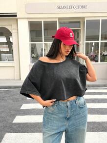 Muchica Plus Size Women Casual Loose Short Sleeve T-Shirt,Acid Washed Look Vintage Knitted Distressed,Streetwear,Spring Summer Clothes