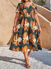 EMERY ROSE 女士休闲 V 领印花短袖松紧腰长裙，大码夏季