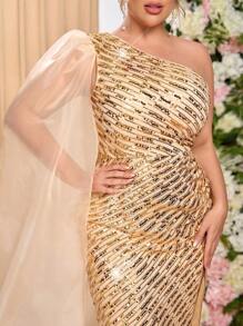 SHEIN X Izzy Darnell Glamrae Váy dự tiệc cưới cỡ lớn thanh lịch gợi cảm vàng cổ bất đối xứng sang trọng sequins nối organza eo cao xẻ cao ôm sát viền đuôi cá, thích hợp cho tiệc cưới lễ kỷ niệm váy dạ hội, váy trang trọng, váy dạ hội - Rượu sâm banh - Xem 6