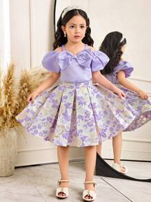 SHEIN 2 Pieces Young Girls Set: Woven Solid Puff Sleeve Top + Woven Jacquard Skirt - Purple - View 1