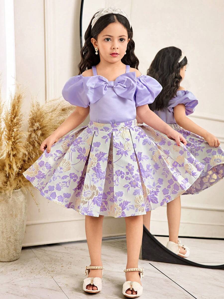 SHEIN 2 Pieces Young Girls Set: Woven Solid Puff Sleeve Top + Woven Jacquard Skirt - Purple - View 1