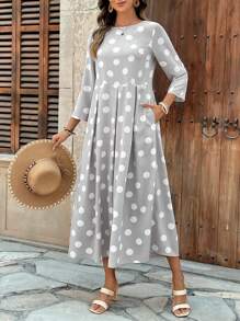 EMERY ROSE 女士圆点印花圆领 3/4 袖口袋连衣裙 - 灰色 - 查看 3