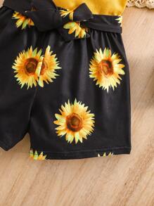 SHEIN 女婴可爱花卉印花针织露肩上衣和短裤套装，夏季