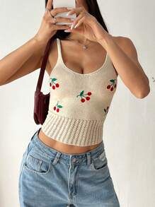 Lunelith SHEIN Lunessa Top sin mangas de punto en color albaricoque con bordado de cerezas hueco y cuello en V, de estilo minimalista y elegante, para verano