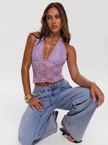 SHEIN BAE Lightweight Purple Lace Backless Halter Neck Sexy Bodycon Top, Elegant & Cute For Summer Vacation, Music Festival, Concerts, Date, Party - Purple - View 1