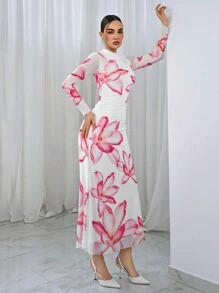 Aloruh Vestido largo elegante de gasa con estampado floral y manga larga, vestido de cubreplaya elegante para resort, vestido romántico de playa para mujeres - Multicolor - Ver 5