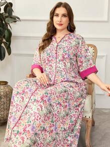 Al Najma 大码女式各样花朵图案 V 领半袖阿拉伯长裙