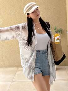 DAZY 女士热带植物印花长袖和服罩衫，夏季海滩度假秋冬