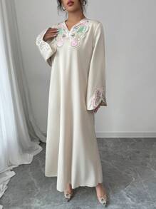 Yasmyna 女士宽松阿拉伯风格编织蝴蝶印花中长连衣裙，杏色蝴蝶长袍，端庄 - 杏色 - 查看 3