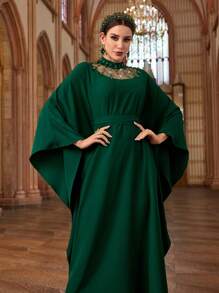 Al Najma Women's Rhinestone Decor Mesh Patchwork Turkish & Arabic Traditional Long Robe Kaftan Jalabiya Dress - Green - View 4