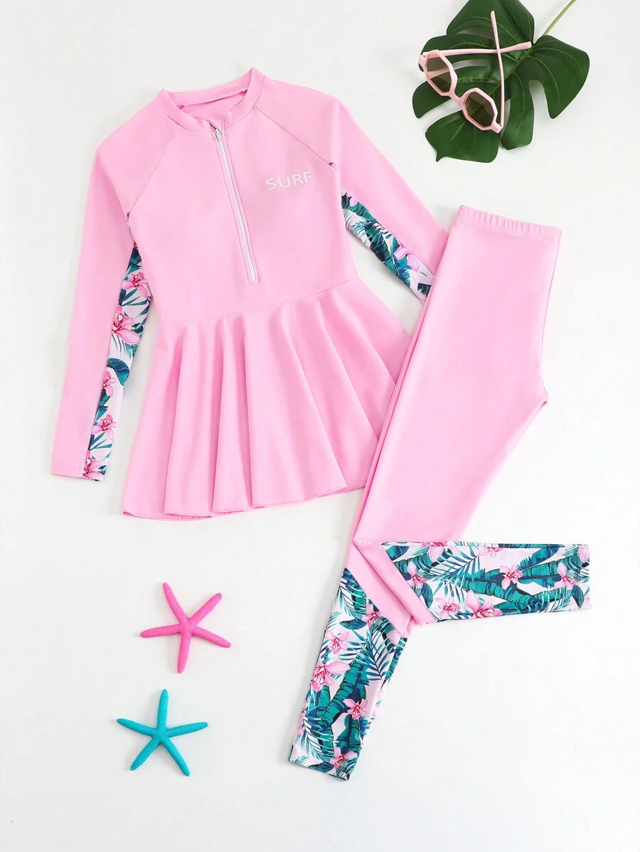 SHEIN Tween Girl 热带印花拼布泳衣套装 - 粉色 - 查看 1