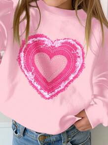 SHEIN Bluza z długim rękawem dla młodych dziewcząt, luźna, patchworkowa, z wzorem serca, okrągłym dekoltem, wygodna, dzianinowa, do codziennego noszenia