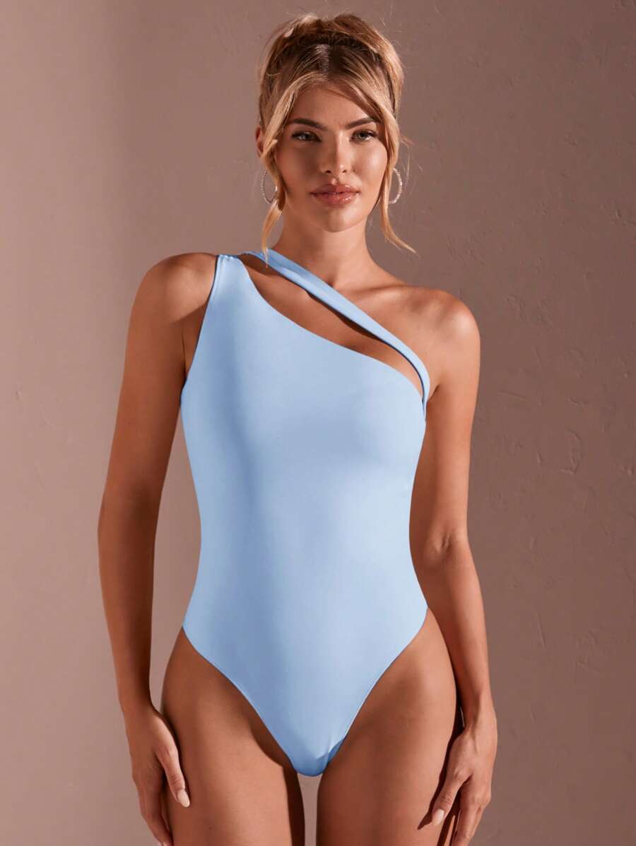 SHEIN BAE Bodysuit Wanita Polos Sederhana dengan Leher Asimetris untuk Sehari-hari - Baby Blue - View 1