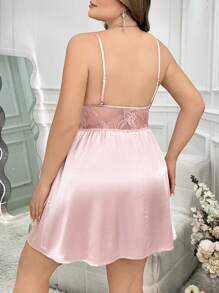 Silk-Like Lace Spaghetti Strap Nightgown And Robe Set, Sexy - Baby Pink - View 6