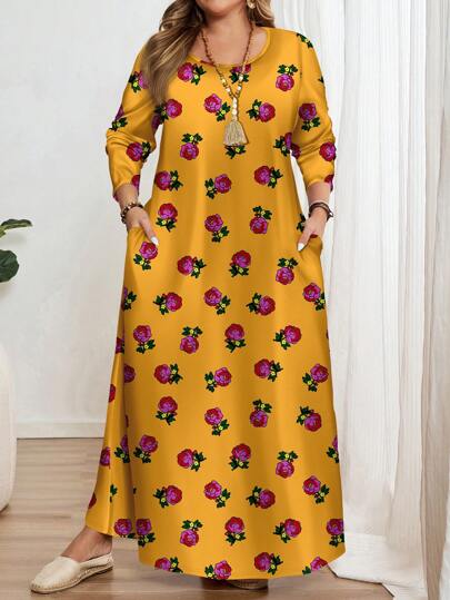 EMERY ROSE فستان طويل الأكمام بياقة مستديرة بطبعة الورود، مقاسات كبيرة، مناسب للربيع والصيف