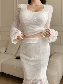 DAZY 2pcs Women Set: Lace Collar Blouse And Fishtail Skirt,Fall Women Clothes Lounge Sets For Women - Beige - View 9