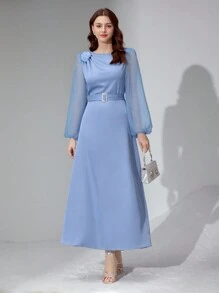 Modelyn 法式优雅花朵灯笼袖连衣裙 - 淺藍色 - 查看 6