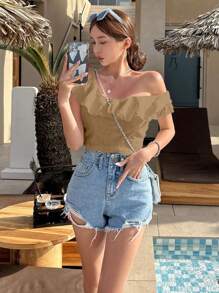 DAZY Crop top estivo da donna con volant a colore unito di