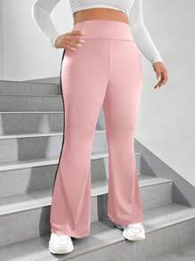 SHEIN EZwear Plus Size Casual Minimalist Colorblock Striped Slim Flare Pants - Baby Pink - View 4