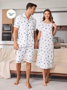 Heart Print Short Sleeve Top And Shorts Pajama Set For Men - Multicolor - View 1