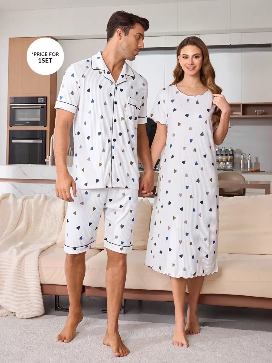 Heart Print Short Sleeve Top And Shorts Pajama Set For Men - Multicolor - View 1