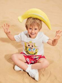 CoComelon X SHEIN Young Boy Banana Print White Simple Casual Versatile Short Sleeve T-Shirt - White - View 4