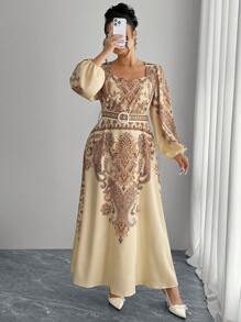 Modelyn Vestido elegante de manga larga abultada con estampado digital y cintura anudada, corte ajustado, para tallas grandes de mujer