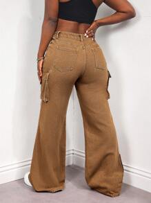 SHEIN Slayr Celana Jeans Wanita Model Flare dengan Kantong Kargo, Kasual, dan Serbaguna - Coklat - View 2