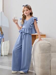 SHEIN Leap Crew Tween Girls Chiffon Ruffle V-Neck Blouse With Bowknot And Wide Leg Pants 2 Pieces Set, Casual Blue, Suitable For Spring Outings, Countryside, Garden Tea, Fashionable Outings, Back To School