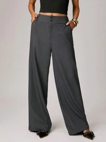 Forever 21 春季新款双腰带直筒宽松女士休闲裤 - 灰色 - 查看 1