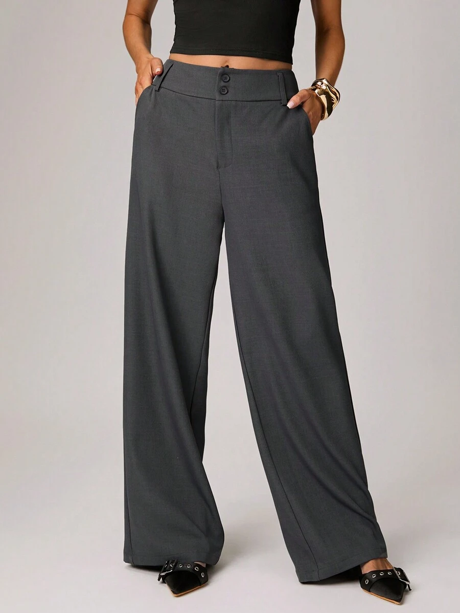 Forever 21 春季新款双腰带直筒宽松女士休闲裤 - 灰色 - 查看 1