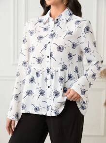 Seusyu 女士蒲公英印花翻领纽扣拼布长袖衬衫