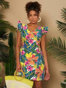 Travachic V-Neck Fitted Women's Vacation Dress With Printed Airplanes On Sleeves,Vacation Outfits Women,Sun Dress - White - View 1