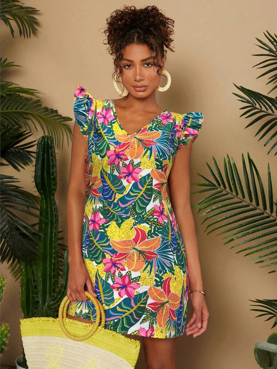 Travachic V-Neck Fitted Women's Vacation Dress With Printed Airplanes On Sleeves,Vacation Outfits Women,Sun Dress - White - View 1