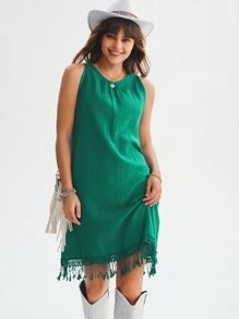 SHEIN LUNE Solid Fringe Hem Tank Dress - Green - View 1