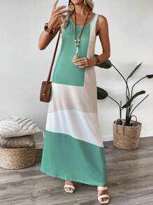 EMERY ROSE Women Contrast Color Round Neck Casual Sleeveless Dress - Green - View 5